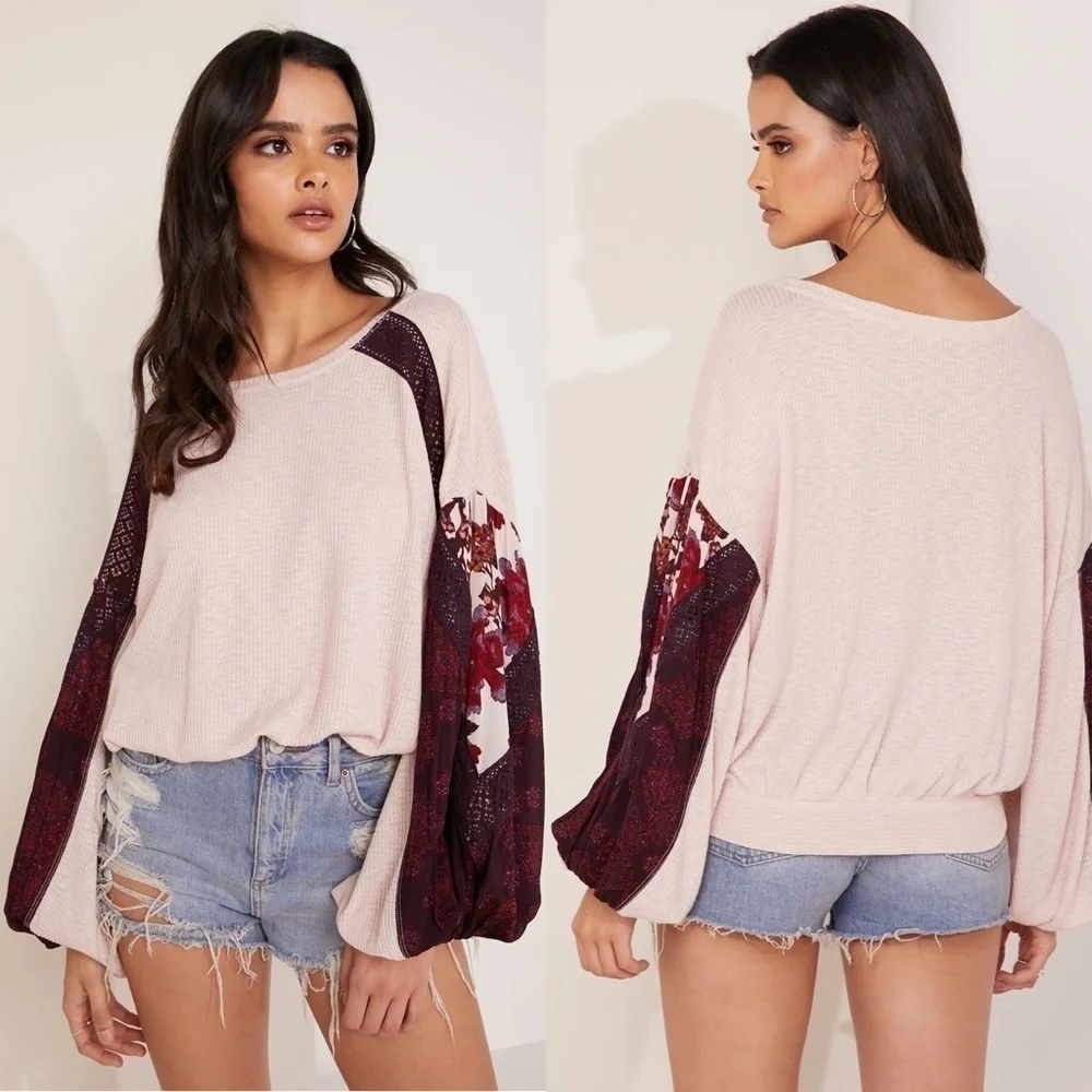 Free People Pink Waffle Knit Long Puff Sleeve Casual Clash Top